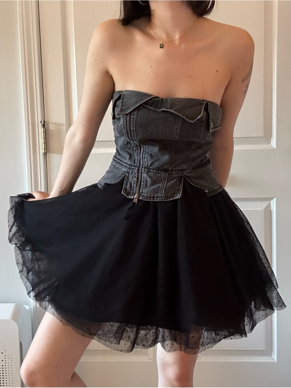 Pilcro Strapless Tulle & Denim Black Mini Dress